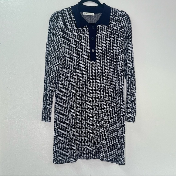 ZARA Knit Shirt Dress Collared Long Sleeves Mini Dress All Over Z Print Sz M - Picture 2 of 10